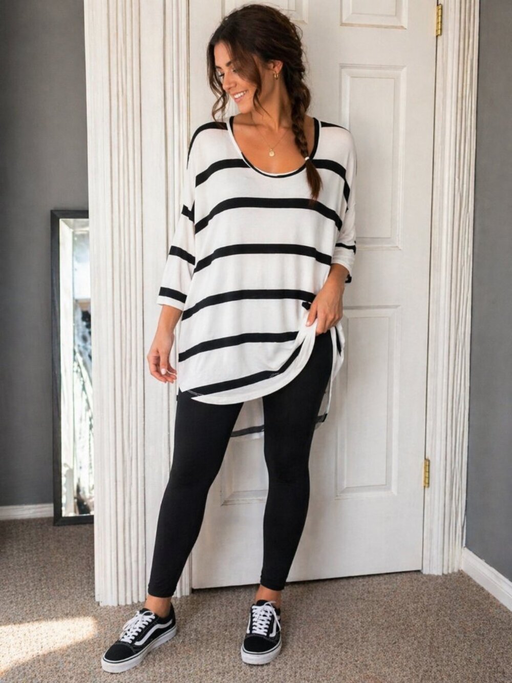 Black White Striped Tunic Top, Oversized Flowy Tee, Casual Legging Top,Siz 18/20